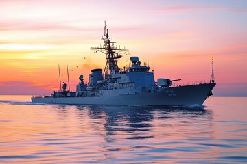 Fototapeta premium Naval ship sailing at sunset on calm waters.