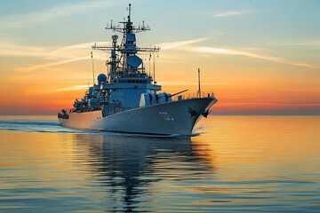 Fototapeta premium Naval ship sailing at sunset over calm waters.