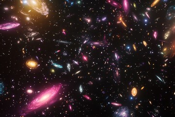 Vibrant cosmic scene with countless galaxies scattered across a dark background.