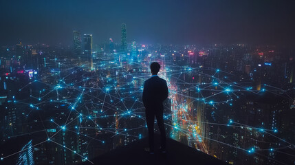 Smart digital city with connection cyber security network reciprocity over the cityscape . future smart wireless digital city and social media networking systems that connects people within the city