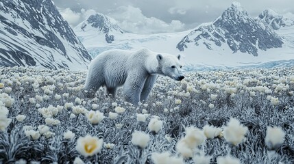 Obraz premium Polar Bear in Frozen Arctic Flower Field