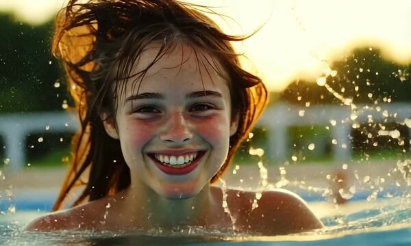 Happy girl with wet hair splashes in pool at sunset.