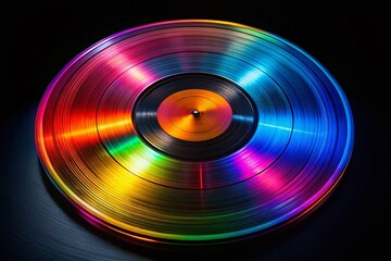 Colorful Vinyl Record PNG, Vibrant Music Disc on Black Background, High-Resolution Stock Photo