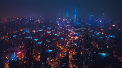 Smart digital city with connection cyber security network reciprocity over the cityscape . future smart wireless digital city and social media networking systems that connects people within the city
