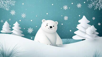 Fototapeta premium Polar Bear in Winter Wonderland Paper Art Scene