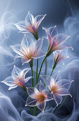 Fototapeta premium A beautiful spectrum of Alstroemerias flowers with delicate, translucent petals illuminated by soft light. Created with generative AI