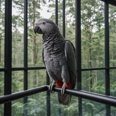 Obraz premium An African grey parrot perched in a modern living room with large glass windows overlooking a forest.