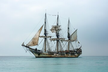 Fototapeta premium Old sailing ship anchored in calm waters.