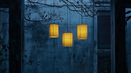 Three illuminated cylindrical lanterns hang from a bare branch against a textured blue wall at dusk.