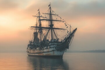 Obraz premium Old ship at sunset with a tranquil water reflection.