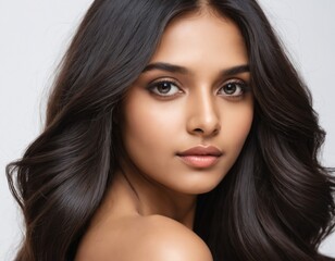 Fototapeta premium Portrait of a beautiful young woman with clean, fresh skin and long, thick black hair. ai generator