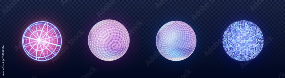 Poster tech sphere 3d collection with glowing neon particles. digital abstract globes with luminous geometr