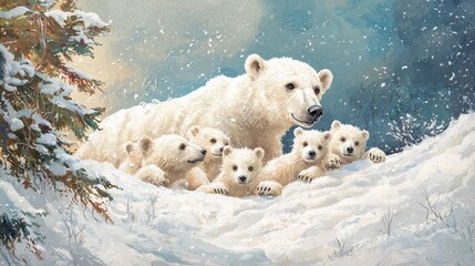 Polar Bear Mother and Cubs in Winter Wonderland