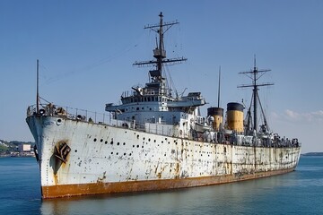 Rusty ship anchored in calm waters under blue sky.