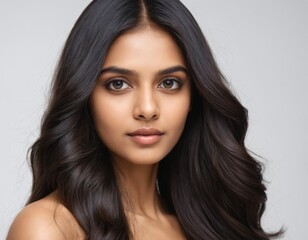 Naklejka premium Portrait of a beautiful young woman with clean, fresh skin and long, thick black hair. ai generator