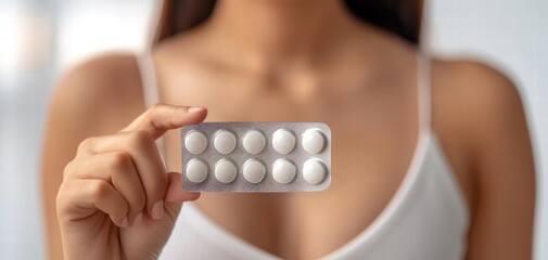 Obraz premium Woman holding a blister pack of white pills in a bright setting.