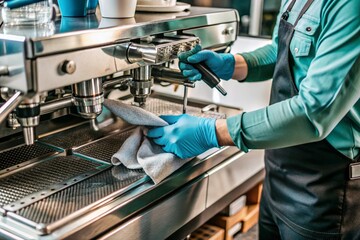 Technician Cleaning Commercial Coffee Machine, Disassembling Components in Café Setting