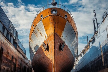 Rusty ship in dry dock under a cloudy sky.