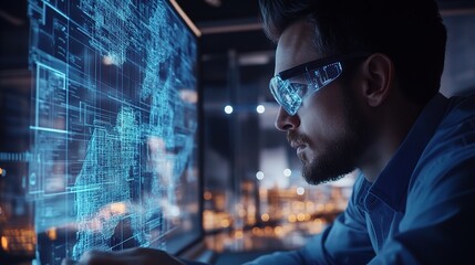 Fototapeta premium Civil Engineer Working Diligently with Digital Interfaces and Data