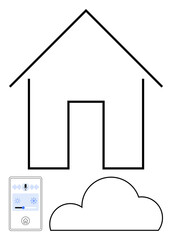 Minimalist house outline, smartphone with control interface, and cloud symbol. Ideal for smart home technology, IoT, remote control, automation, connectivity cloud computing security. Line metaphor