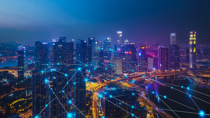 Smart digital city with connection cyber security network reciprocity over the cityscape . future smart wireless digital city and social media networking systems that connects people within the city