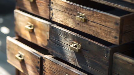 Rustic wooden drawers with brass pulls, sunlight highlighting texture.