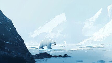 Solitary Polar Bear in Arctic Winter Landscape