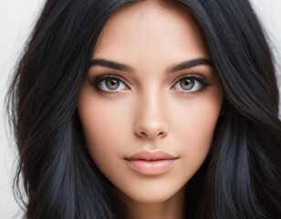 Fototapeta premium Portrait of a beautiful young woman with clean, fresh skin and long, thick black hair. ai generator