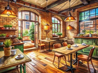 Fototapeta premium Cozy Cafe Interior Hand-Drawn Sketch: Rustic Charm & Warm Lighting Stock Photo
