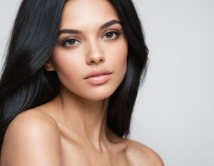 Fototapeta premium Portrait of a beautiful young woman with clean, fresh skin and long, thick black hair. ai generator