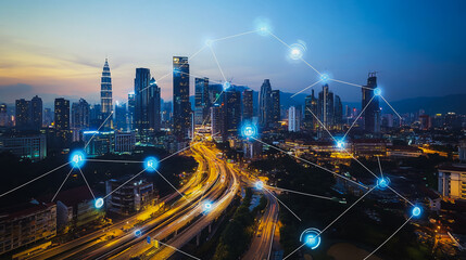 Fototapeta premium Smart digital city with connection cyber security network reciprocity over the cityscape . future smart wireless digital city and social media networking systems that connects people within the city