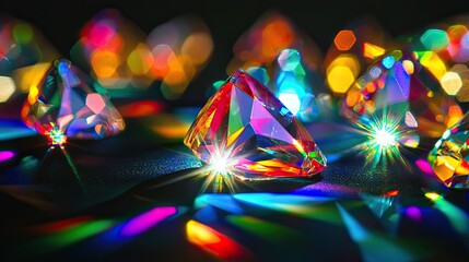 Prism light reflections on black background. Blurred geometric shapes, soft gradients, ethereal visual overlay effect. Glowing colorful lights and bokeh lens flare, refraction of sunlight prism effect