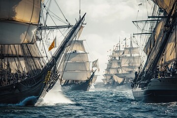 Obraz premium Sailing ships navigating through turbulent waters.