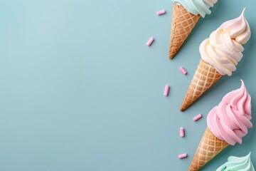 Colorful Ice Cream Cones on Blue Background