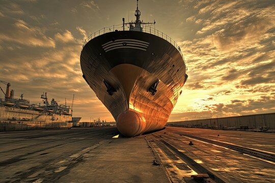 Ship docked at sunset with dramatic lighting.