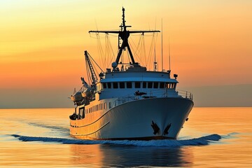 Fototapeta premium Ship navigating calm waters at sunset.