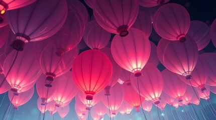 A stunning display of glowing pink lanterns fills the sky, creating an ethereal and enchanting atmosphere. The soft light contrasts against the dark background