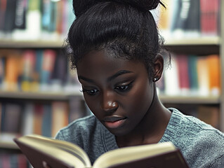 Female student studying in library, deeply engaged with reading.