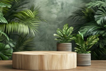 Wooden product display podium with nature green plants in pots leaves background. 3D rendering 