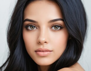 Fototapeta premium Portrait of a beautiful young woman with clean, fresh skin and long, thick black hair. ai generator