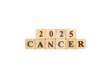 Cancer zodiac sign word in wooden cubes. White background. Set of astrology symbols. Horoscope 2025 June 22 July 22.