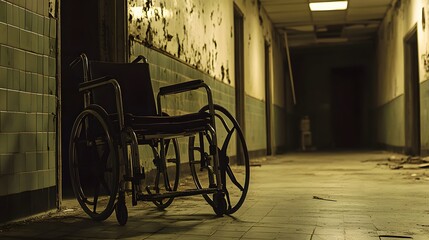 Fototapeta premium Empty wheelchair resting silently on a nostalgic hospital corridor, evoking thoughts of healing, resilience, and the passage of time in a place of care and recovery