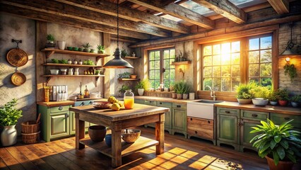 Cozy Rustic Farmhouse Kitchen: Soft Morning Light, Warm Wood, and Charming Details