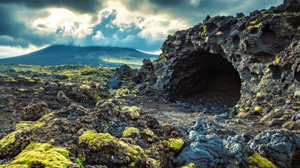 Volcanic Cave Entrance Mossy Lava Field Mountain