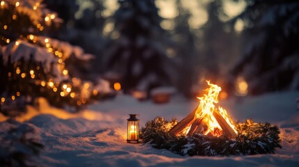  a rustic bonfire surrounded by evergreen wreaths and glowing lanterns in a snowy clearing, evoking a traditional solstice celebration, with ample copy space for text, captured in warm, 