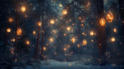 Naklejka premium a serene snowy forest under a starry night sky, with glowing lanterns hanging from the trees to celebrate the December Solstice, 