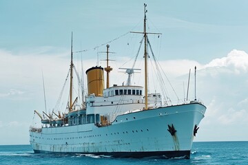 Naklejka premium Vintage ship sailing on calm waters under a blue sky.