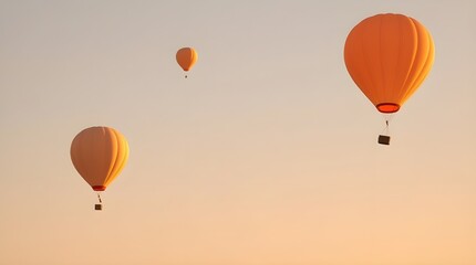 Fototapeta premium Three hot air balloons float gracefully in a clear, pale evening sky. The warm hues of the balloons stand out against the serene backdrop, suggesting a calm and peaceful ambiance.