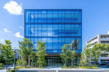 Modern glass office building exterior on sunny day. (2)