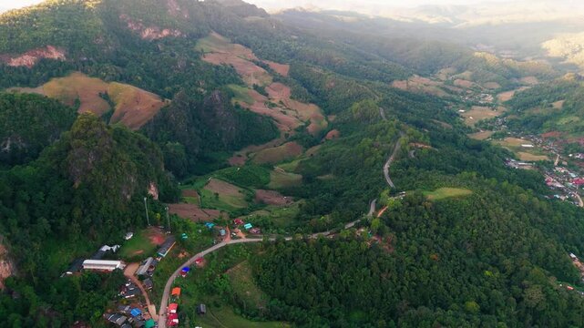 aerial of Ban Jabo remote village in Mae Hong Son province of norther Thailand , Lahu tribes community